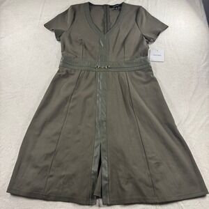 Ellen Tracy Olive Green Fit & Flare Dress Faux Leather‎ Trim Work Career